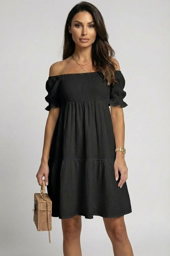 Winoria | Zomerjurk voor dames – Boho-jurk met schoudervrije pas en gelaagde ruches