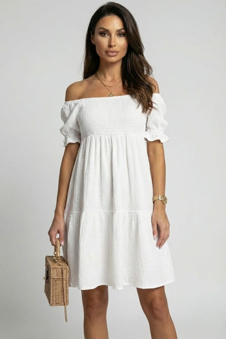 Winoria | Zomerjurk voor dames – Boho-jurk met schoudervrije pas en gelaagde ruches