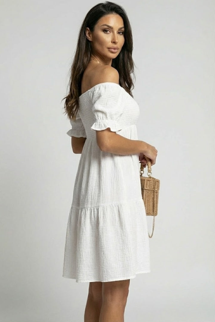 Winoria | Zomerjurk voor dames – Boho-jurk met schoudervrije pas en gelaagde ruches