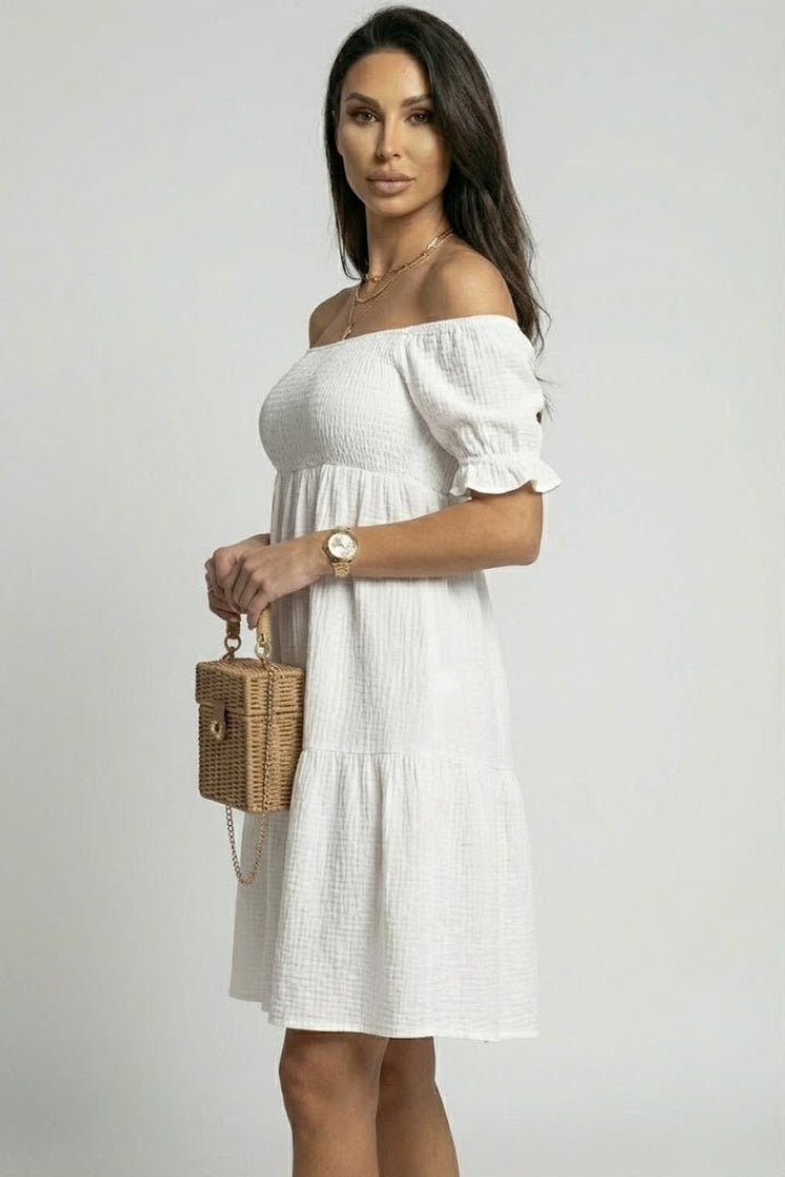 Myrna | Midi-jurk met ruches voor dames – Off-shoulder boho-zomerjurk met gelaagde textuur