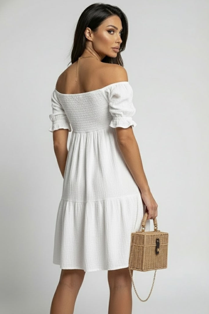 Myrna | Midi-jurk met ruches voor dames – Off-shoulder boho-zomerjurk met gelaagde textuur