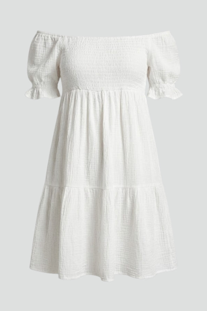Myrna | Midi-jurk met ruches voor dames – Off-shoulder boho-zomerjurk met gelaagde textuur