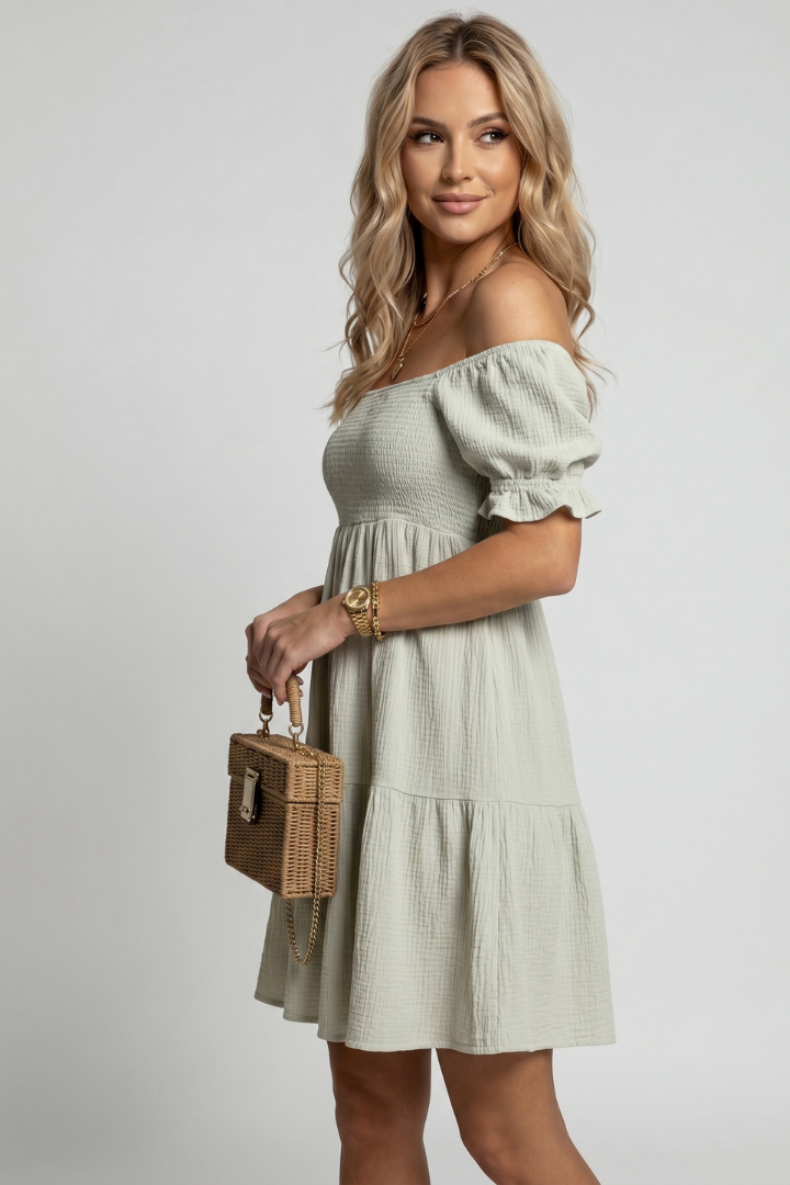 Myrna | Midi-jurk met ruches voor dames – Off-shoulder boho-zomerjurk met gelaagde textuur