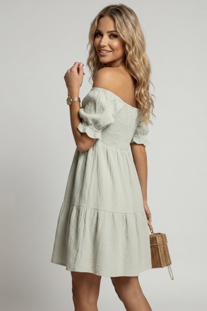 Myrna | Midi-jurk met ruches voor dames – Off-shoulder boho-zomerjurk met gelaagde textuur