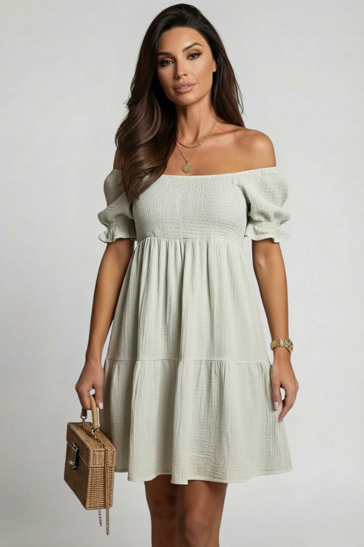 Myrna | Midi-jurk met ruches voor dames – Off-shoulder boho-zomerjurk met gelaagde textuur