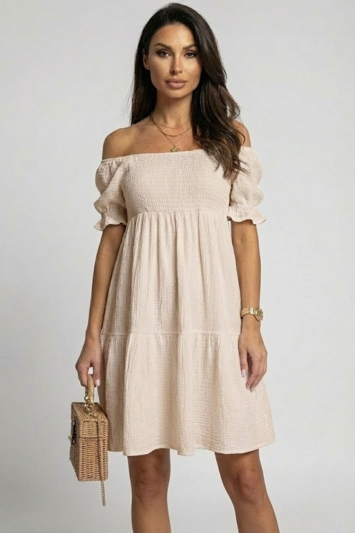 Myrna | Midi-jurk met ruches voor dames – Off-shoulder boho-zomerjurk met gelaagde textuur