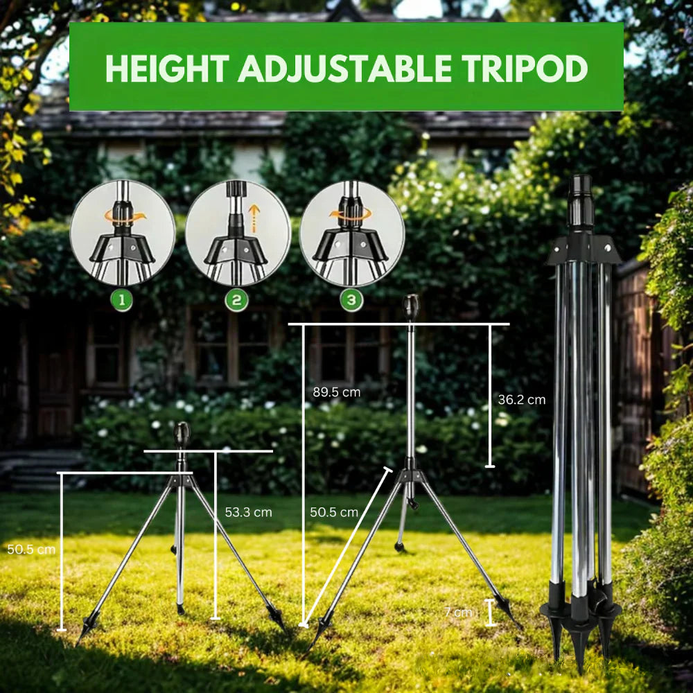 HydroTripod | 360° driepoot gazonsproeier – verstelbare hoogte, roterend tuinirrigatiesysteem