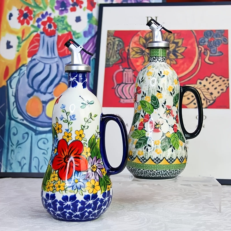 OlivaBloom | Handbeschilderde Olijfoliefles, Elegante Keuken Oliefles, Bloemmotief