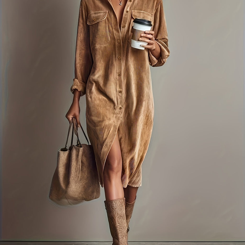 Gina | Corduroy overhemdjurk met knopen voor dames - Casual werkjurk met zakken