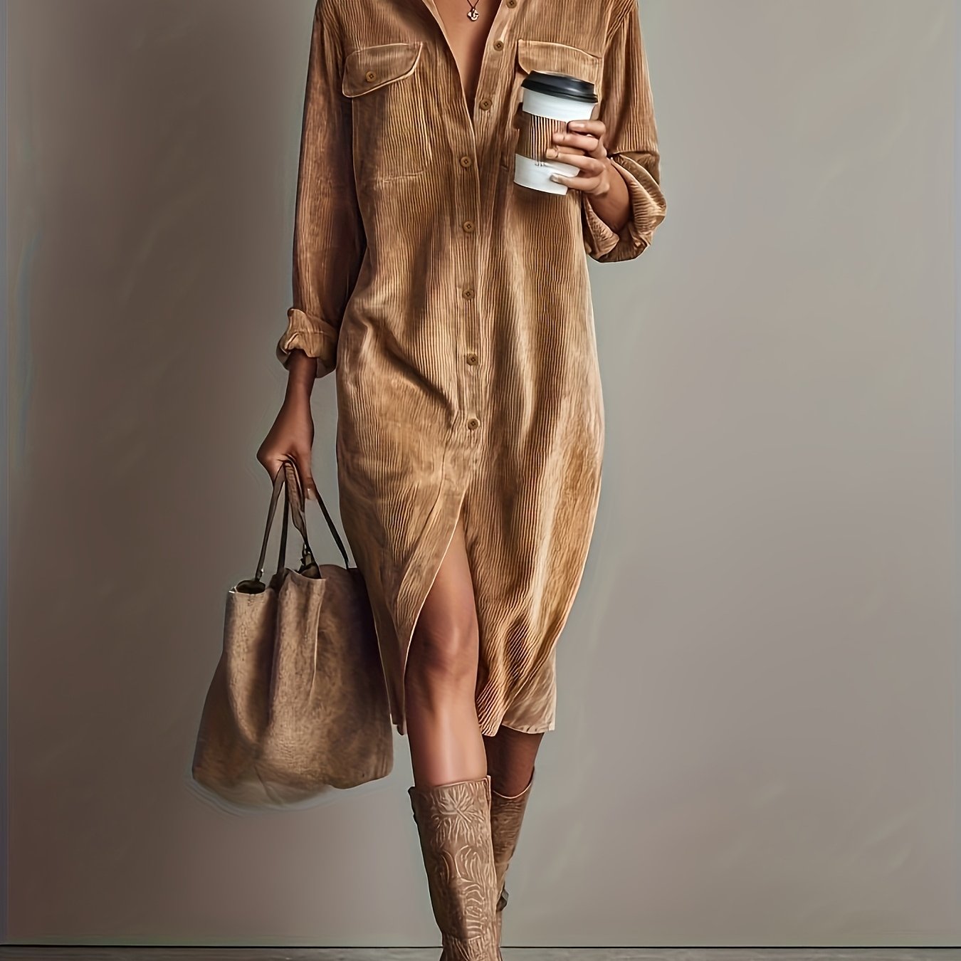 Gina | Corduroy overhemdjurk met knopen voor dames - Casual werkjurk met zakken