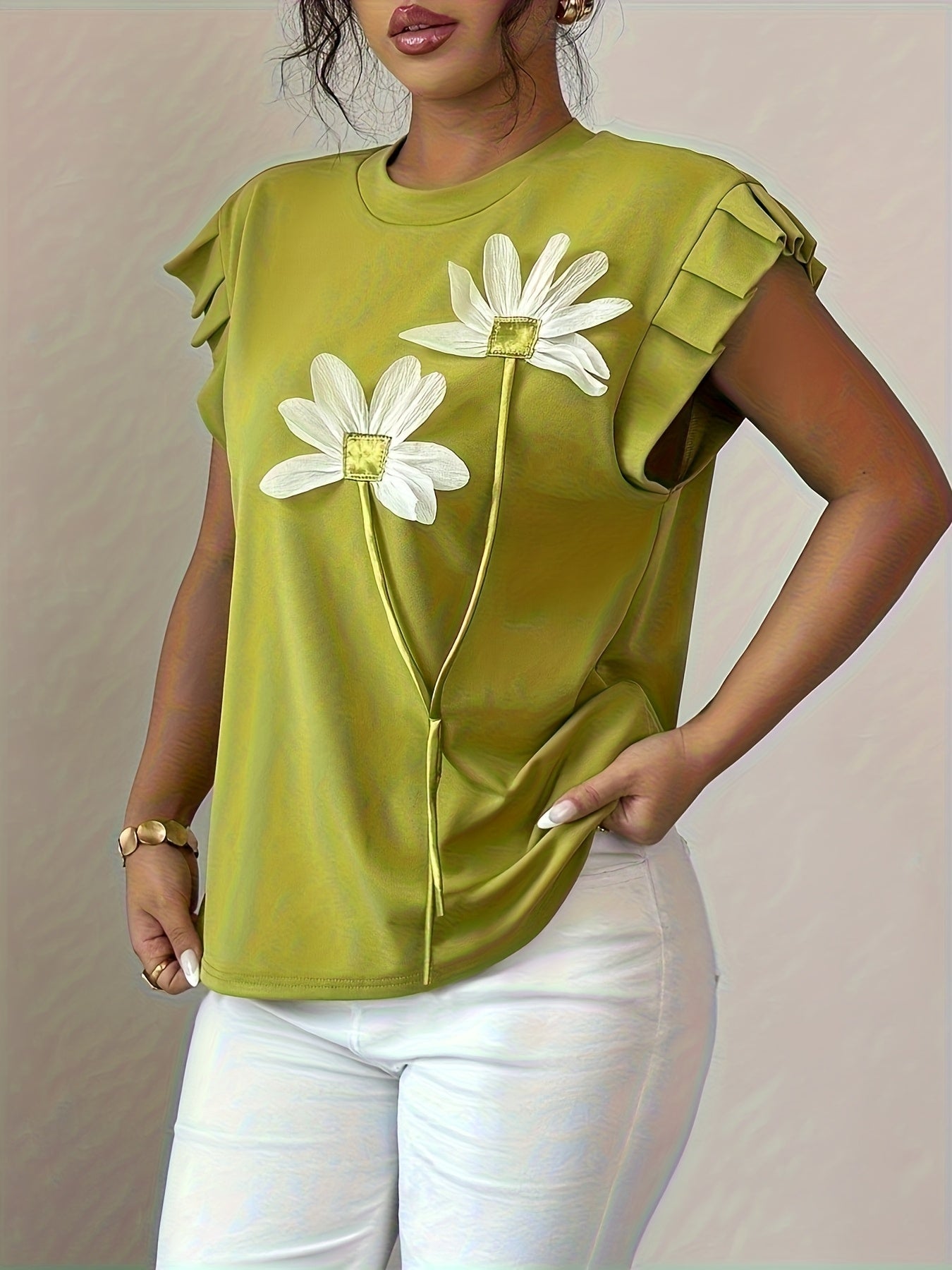Selindra | 3D Bloemen T-shirt – Kleurblok Casual Top, Mouwloos, Comfortabel Everyday Tee