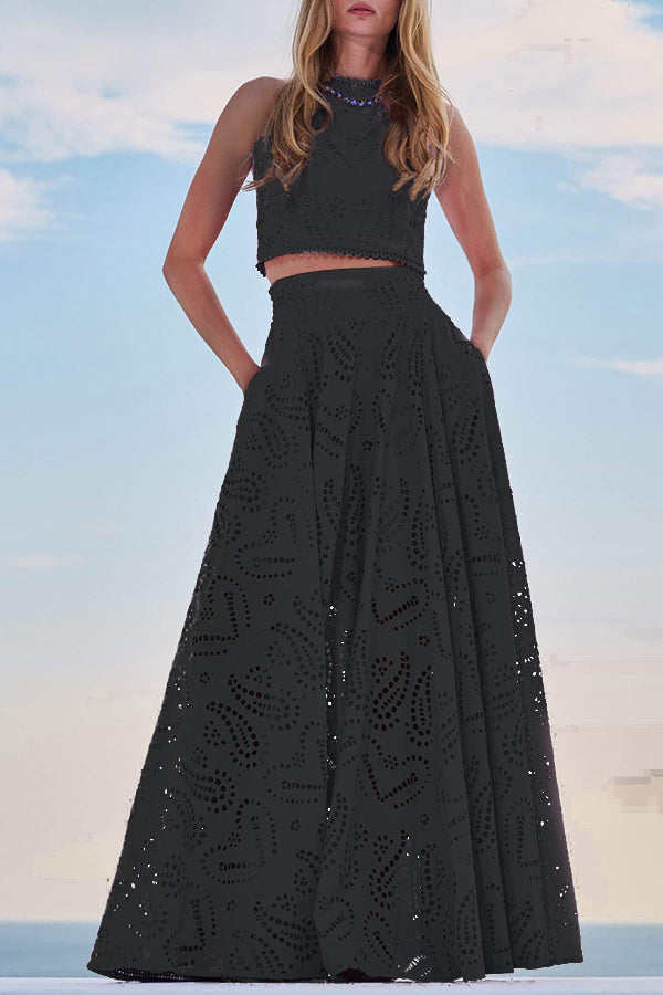 Savrina | Elegante Dames Set met Borduursels – Mouwloze Crop Top & Wijdvallende Broek