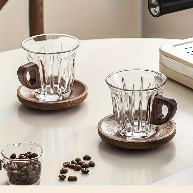 CafeLoom | Glazen koffiekopjesset met houten handvat en onderzetter – Hittebestendige espresso- en latte-kopjes