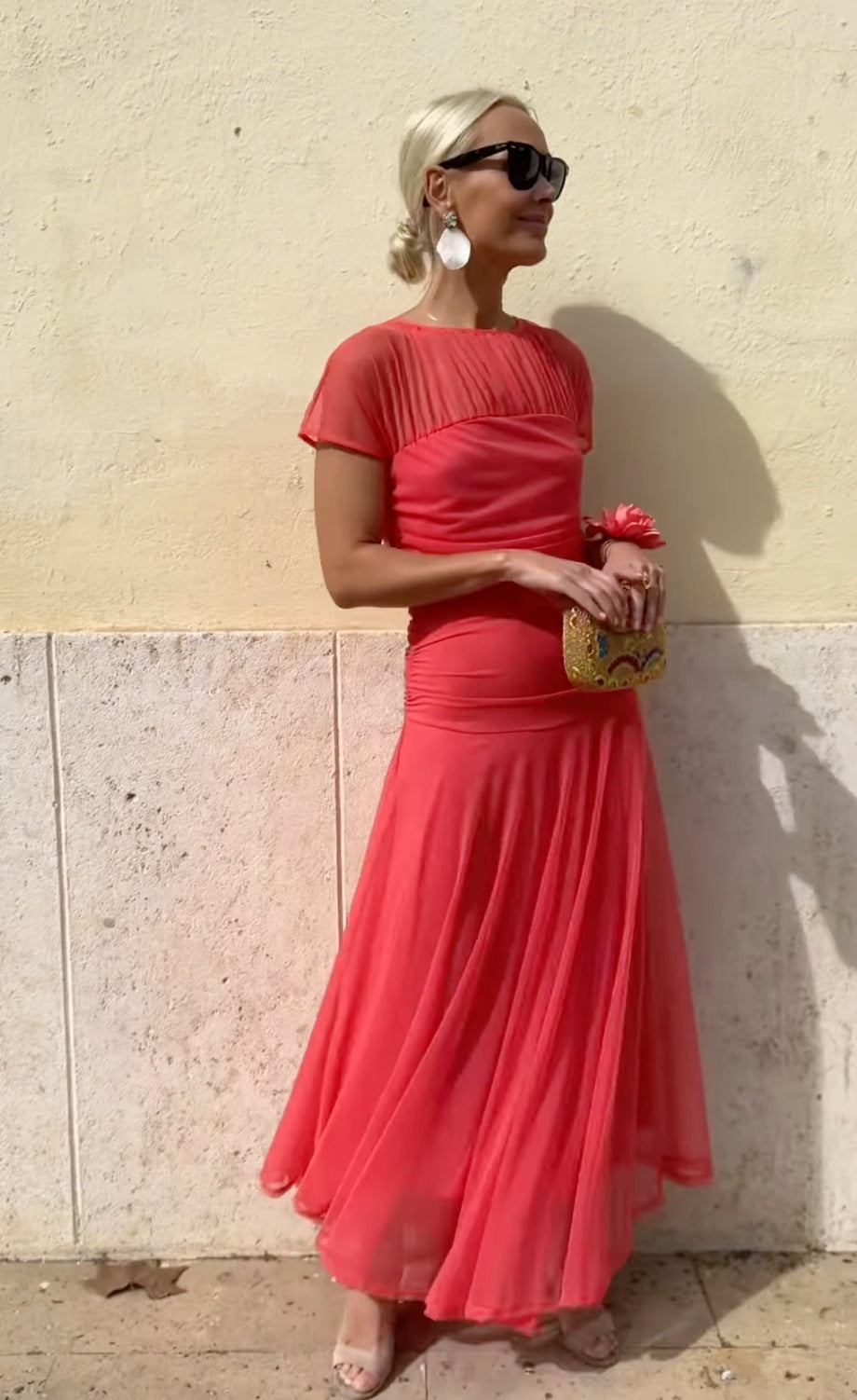 Eira | Dames chiffon jurk – elegante, zwierige maxi-jurk met ronde hals