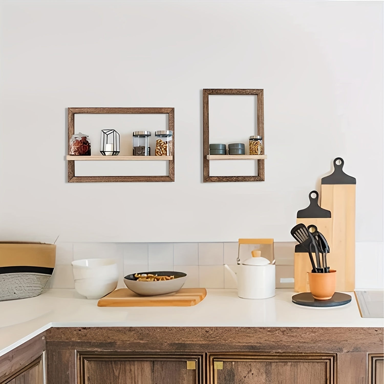 ShelfScape | Vintage Houten Wandplank Set - Vierkante Planken met Haken