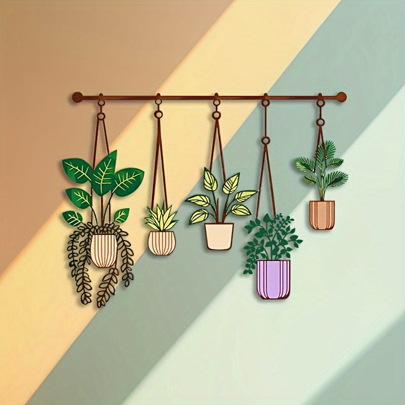WallFlora | Grote Metalen Plantenwanddecoratie – Bruine Hangende Buizen met Groene & Paarse Potten