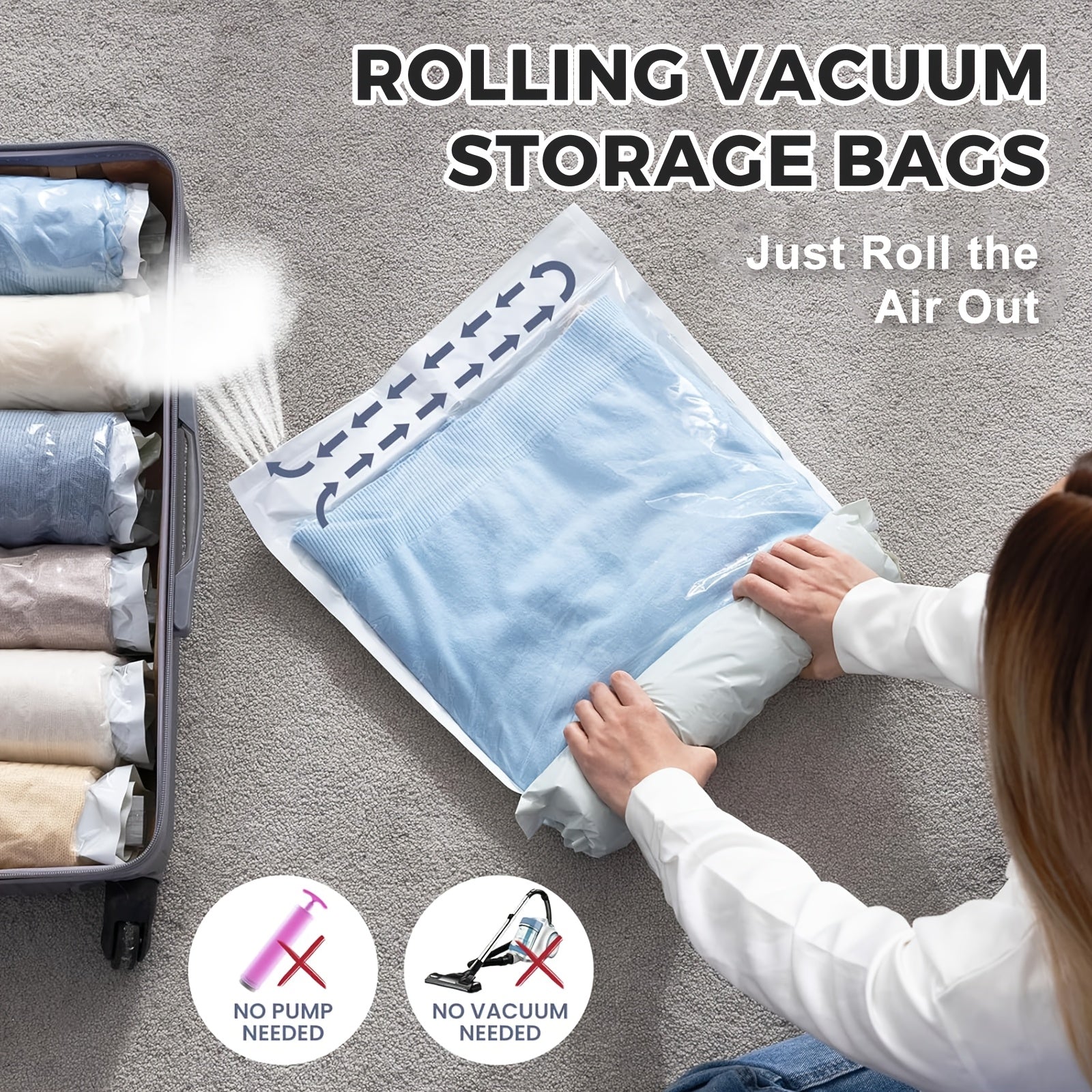 VacuRoll | 2-delige Handmatige Rol Vacuüm Opbergzakken – Reis Compressiezakken Zonder Pomp
