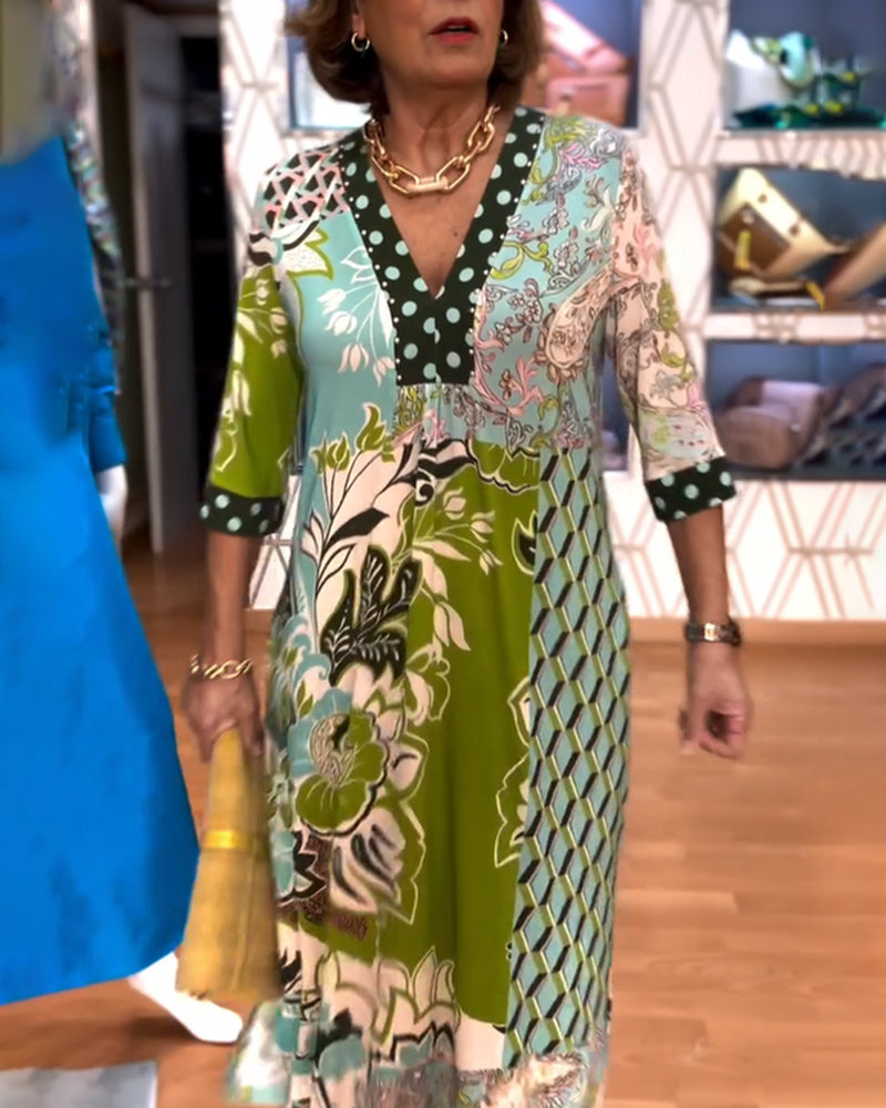 Helioria |  Maxi Jurk met Print – Comfortabele V-Hals, Halflange Mouwen, Relaxte Pasvorm