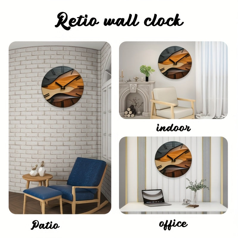 TimeRipple | 12″ Artistieke Ronde Glazen Wandklok - Scandinavisch Houtnerf-Gegolfd Ontwerp, 3 mm Gehard Glas Decor