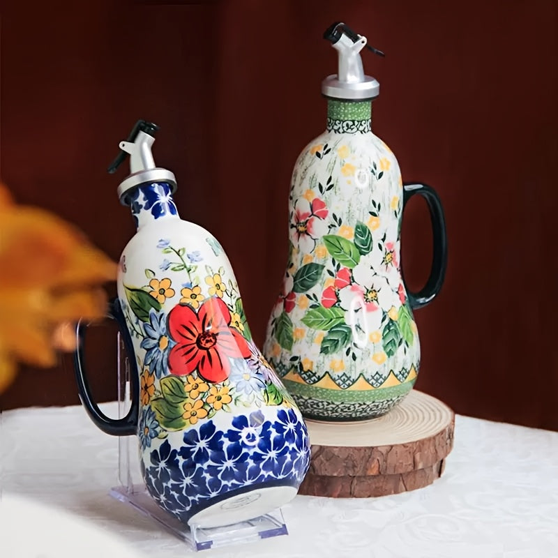 OlivaBloom | Handbeschilderde Olijfoliefles, Elegante Keuken Oliefles, Bloemmotief