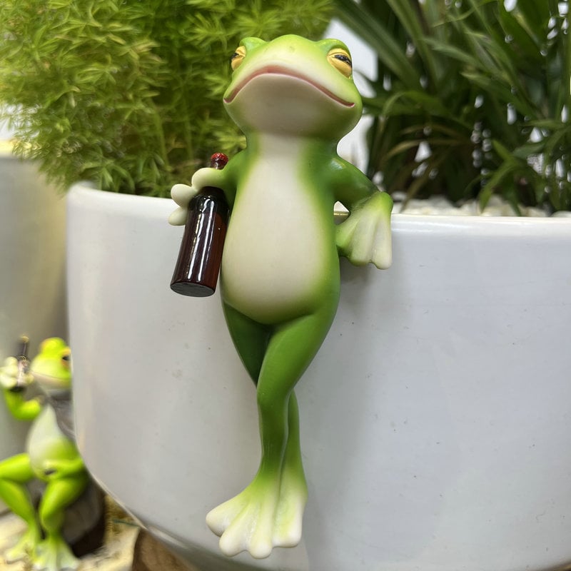 FroggySip | Hars Drinkende Kikker Plant Pot Hanger Beeldje - Tuindecoratie, Binnen Buiten Plantenbak Toebehoren