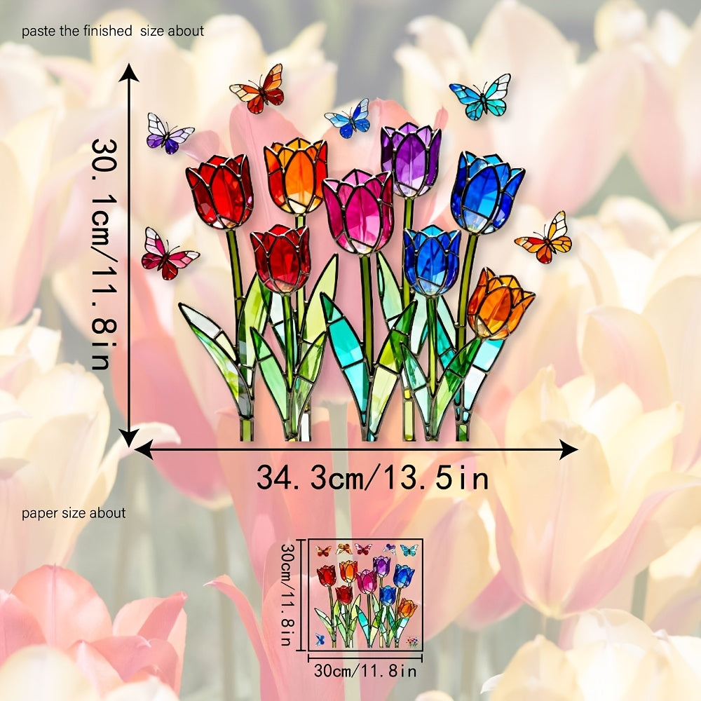 TulipFlutter | kleurrijke tulpen-vlinder raamsticker – dubbelzijdig glas-in-lood effect