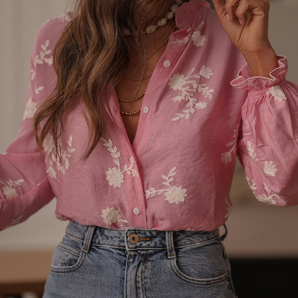 Omelia | Dames casual blouse met lange mouwen, bloemenborduursel, knopen aan de voorkant