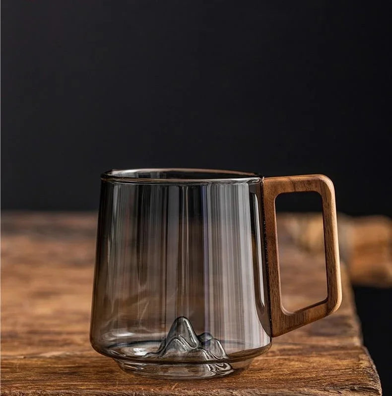 Mugvie | Moderne glazen mok met houten handvat – grote mok van 400 ml