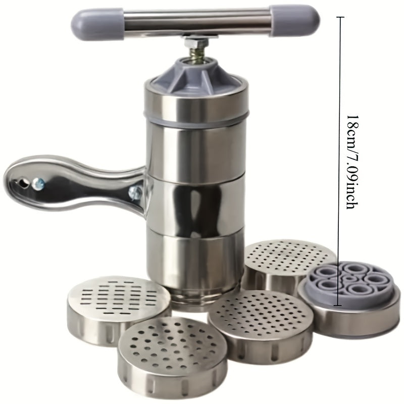 NoodleMate | Roestvrijstalen pastapers – Handmatige keukenpastamaker met 5 mallen