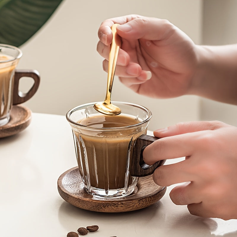 CafeLoom | Glazen koffiekopjesset met houten handvat en onderzetter – Hittebestendige espresso- en latte-kopjes