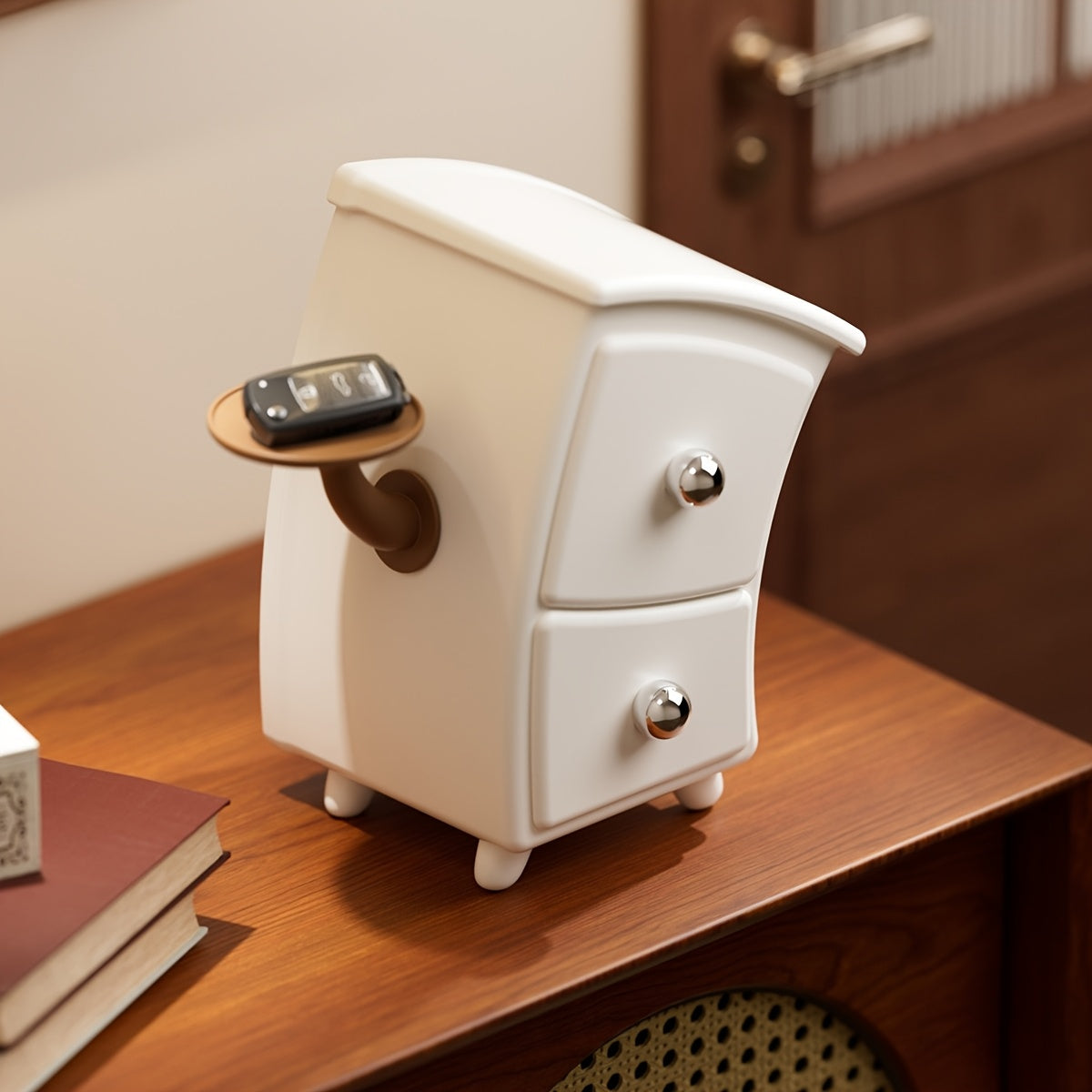 LidHaven | Witte en bruine opbergdoos met scharnierend deksel en ronde deur – Bureau-organizer