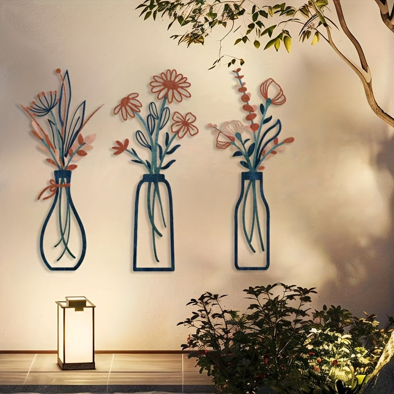 Bloomistry | 3-delige opvallende bloemenwanddecoratie, metalen hangende sculpturen voor de woonkamer