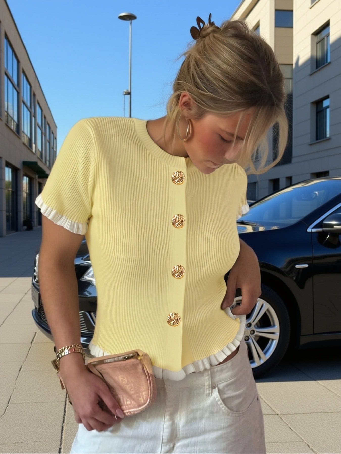 Zafira | Dames Gebreide Top met Knopen – Elegante Casual Korte Mouwen