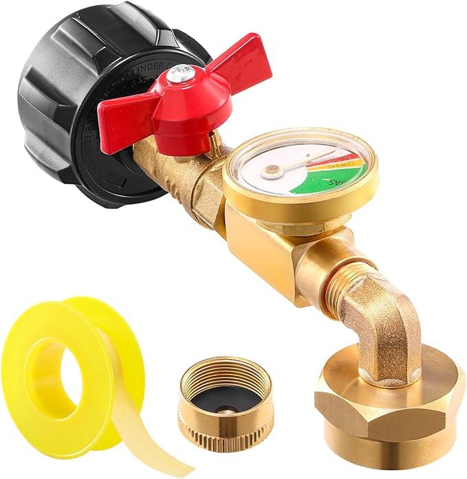TankLink | Messing Propaan Navulbocht Adapter met Tankmeter – QCC1 90° Connector