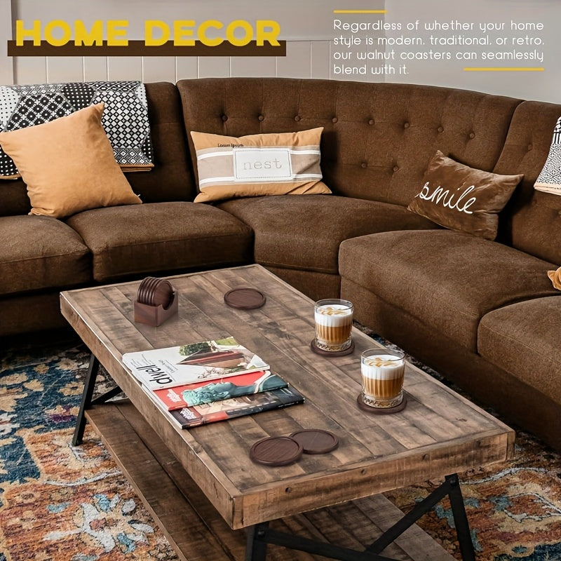 Coastique | 6 stuks ronde onderzetters van zwart walnotenhout met opbergbasis, massief houten geïsoleerde