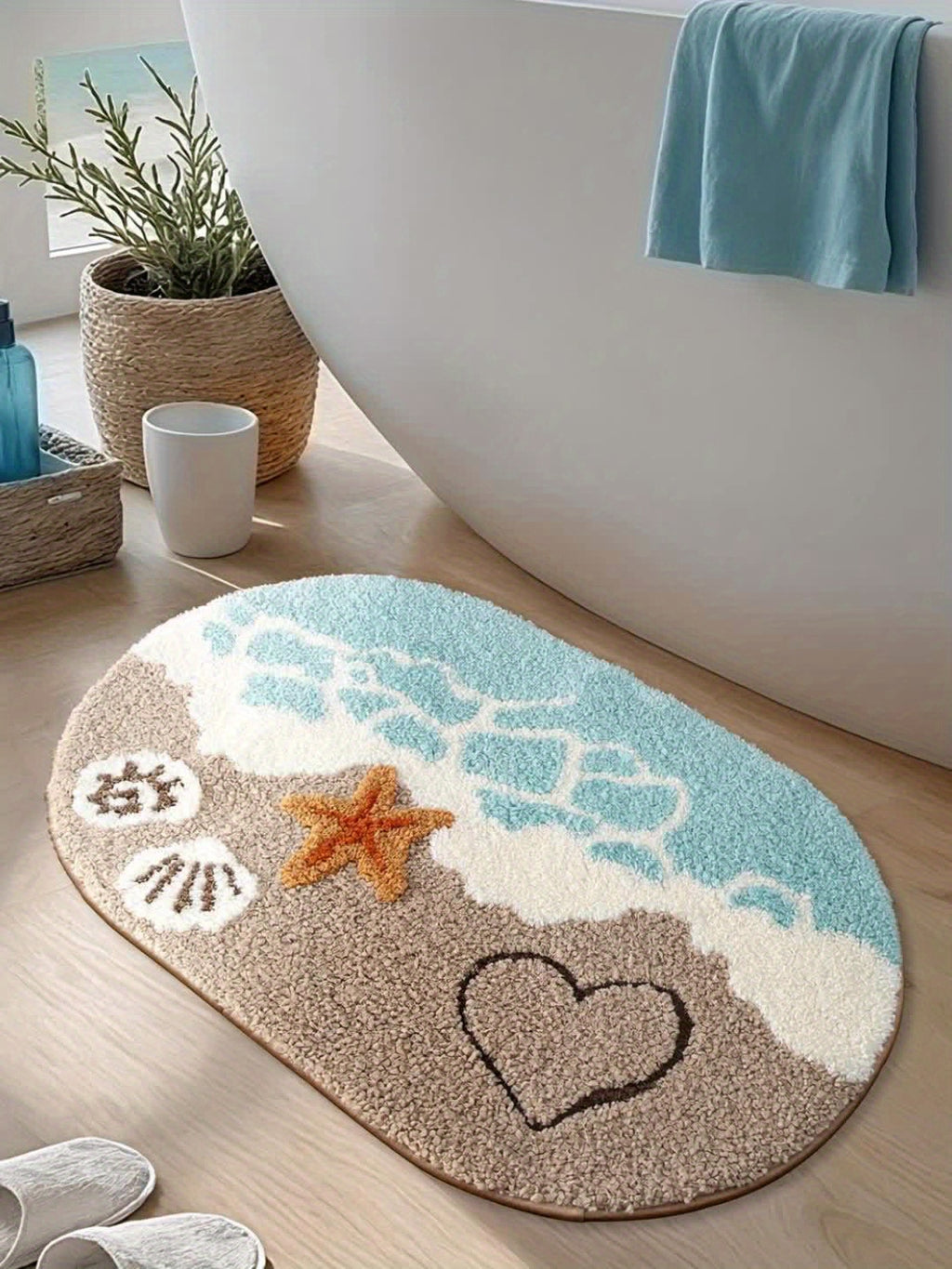 ShoreStep | Pluizige Ovale Badmat – Antislip en Waterabsorberend, Badkamermat met Strandschelpenpatroon