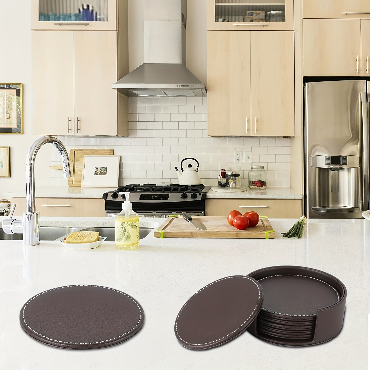 SipNest | 6 stuks recyclebare onderzetters van kunstleer – rond, 10 cm, voor koffie, wijn en andere dranken