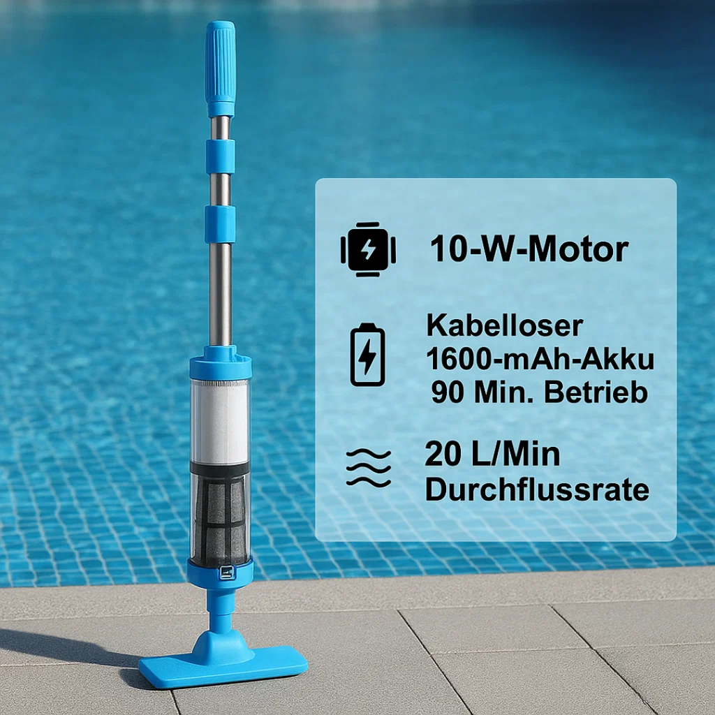 HydroClean |  Draadloze 3-in-1 zwembadstofzuiger – Oplaadbare reiniger voor vuil, stof en oppervlaktereiniging