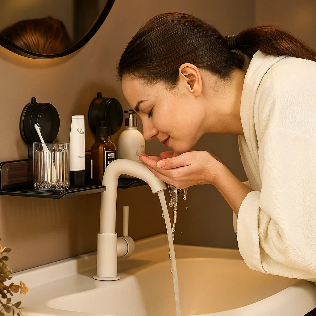 ZenShelf | Badkamerplank met zuignappen – Walnootontwerp, ruimtebesparende wastafelorganizer