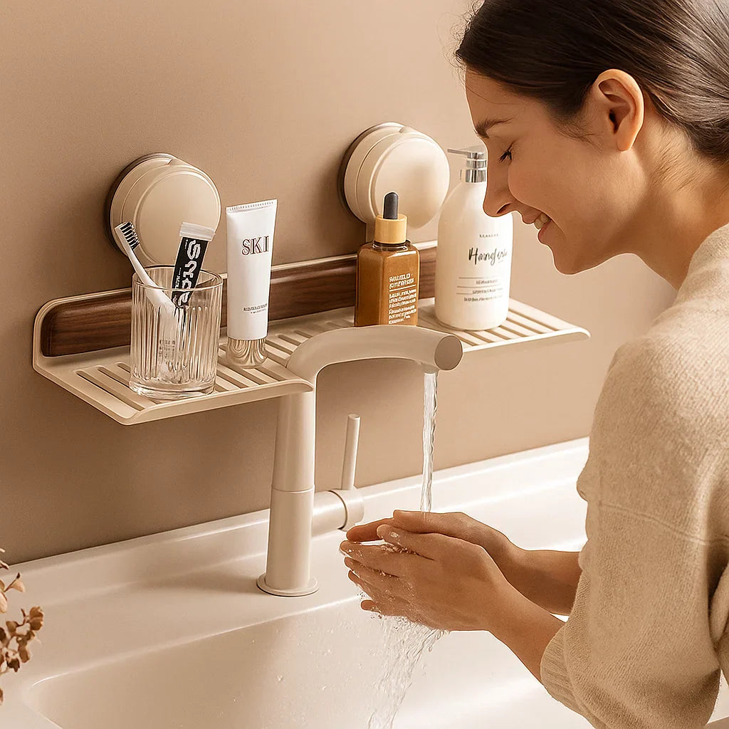 ZenShelf | Badkamerplank met zuignappen – Walnootontwerp, ruimtebesparende wastafelorganizer