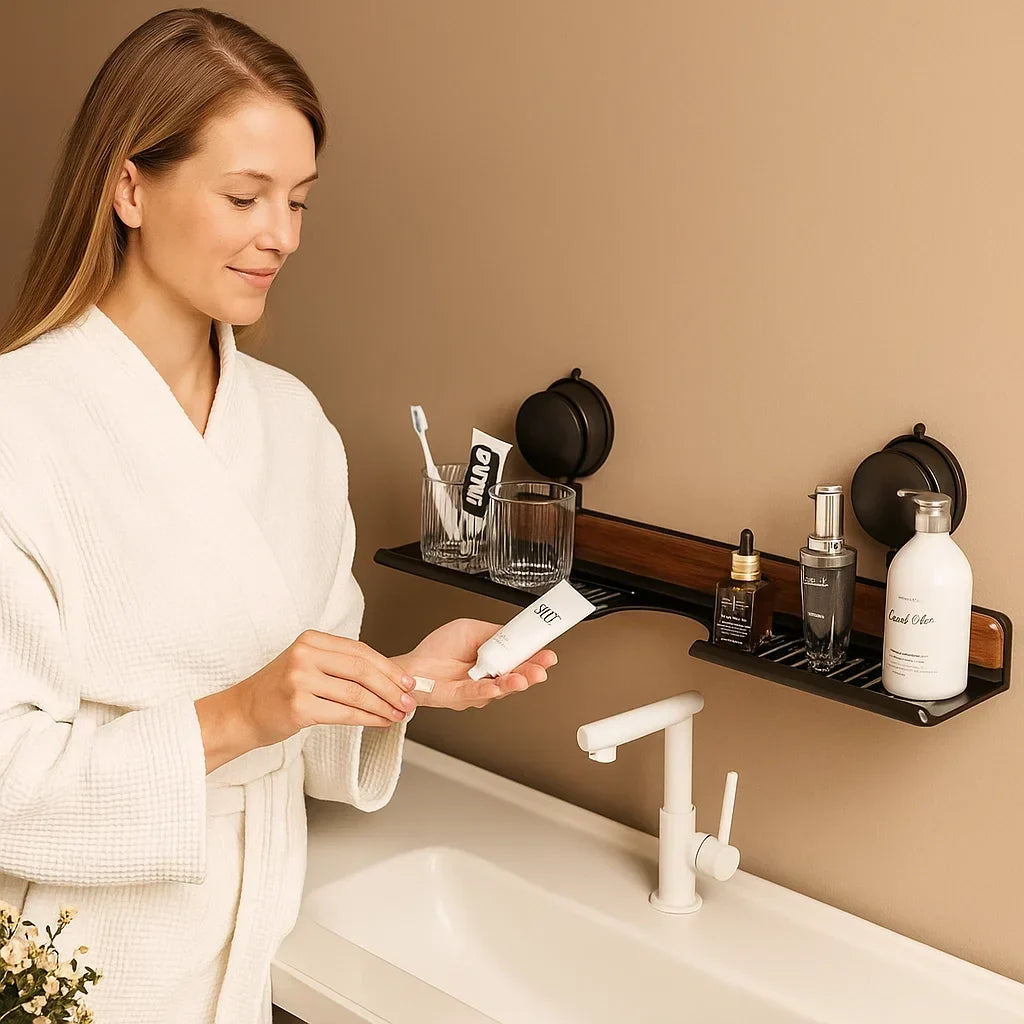 ZenShelf | Badkamerplank met zuignappen – Walnootontwerp, ruimtebesparende wastafelorganizer