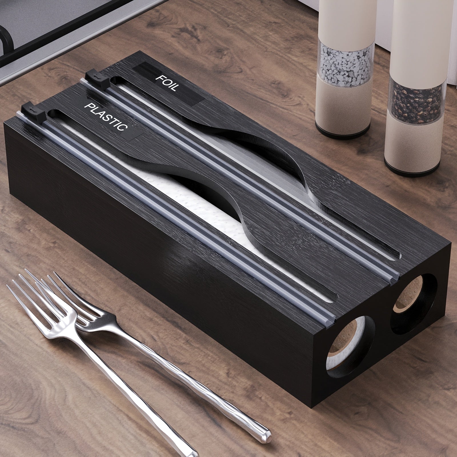 WrapMaster | 2-in-1 Houten Keukenwikkelautomaat met Snijder, Dubbele Gleuf Opbergorganisator voor Keukenlade & Aanrecht