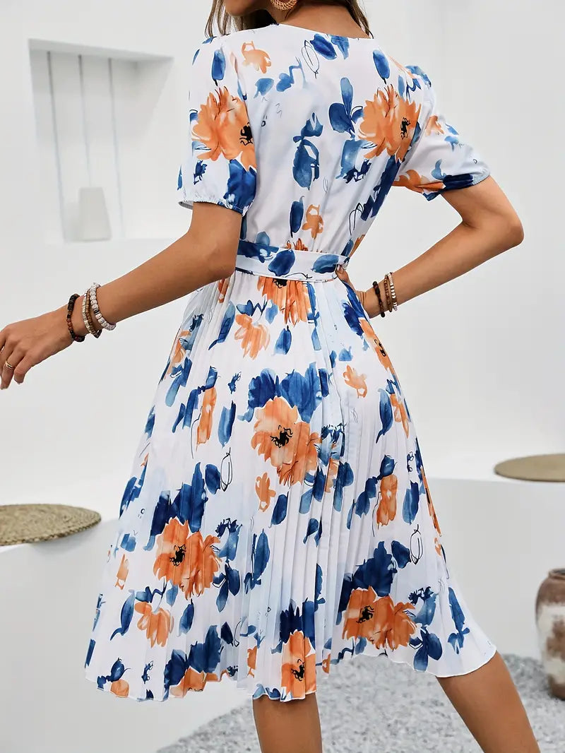 Qirah | Elegante midi-jurk met bloemenprint en ceintuur voor dames – luchtige zomerjurk met plooien