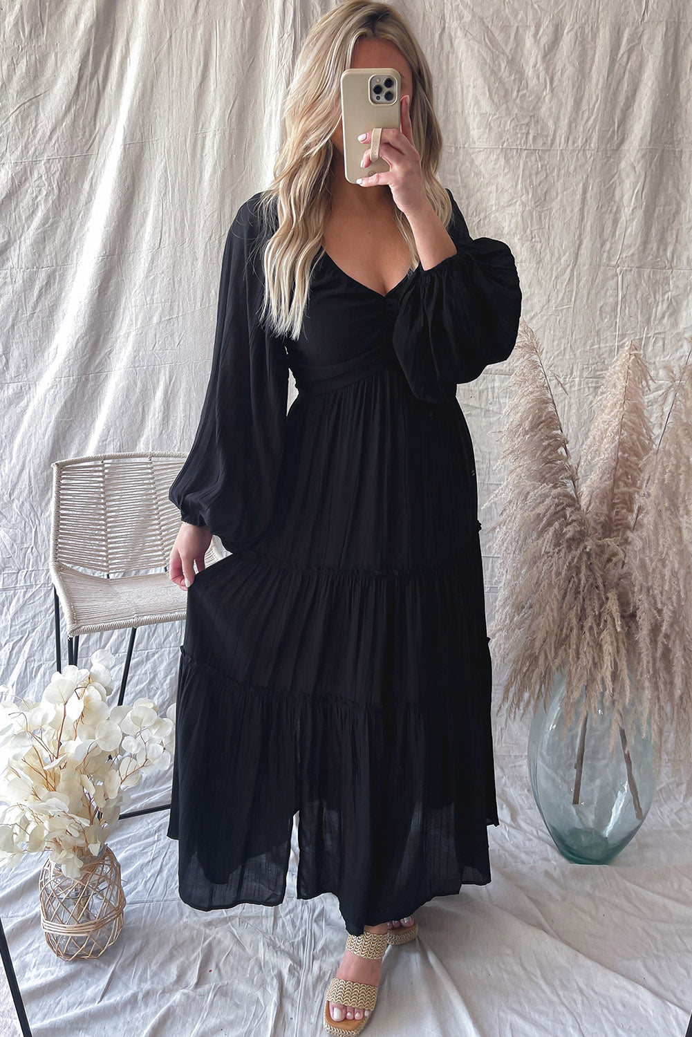 Sinae | Dames V-hals Maxi Jurk met Cut-Out – Boho Avondjurk met Strikdetail en Franjes