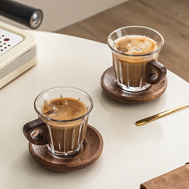 CafeLoom | Glazen koffiekopjesset met houten handvat en onderzetter – Hittebestendige espresso- en latte-kopjes
