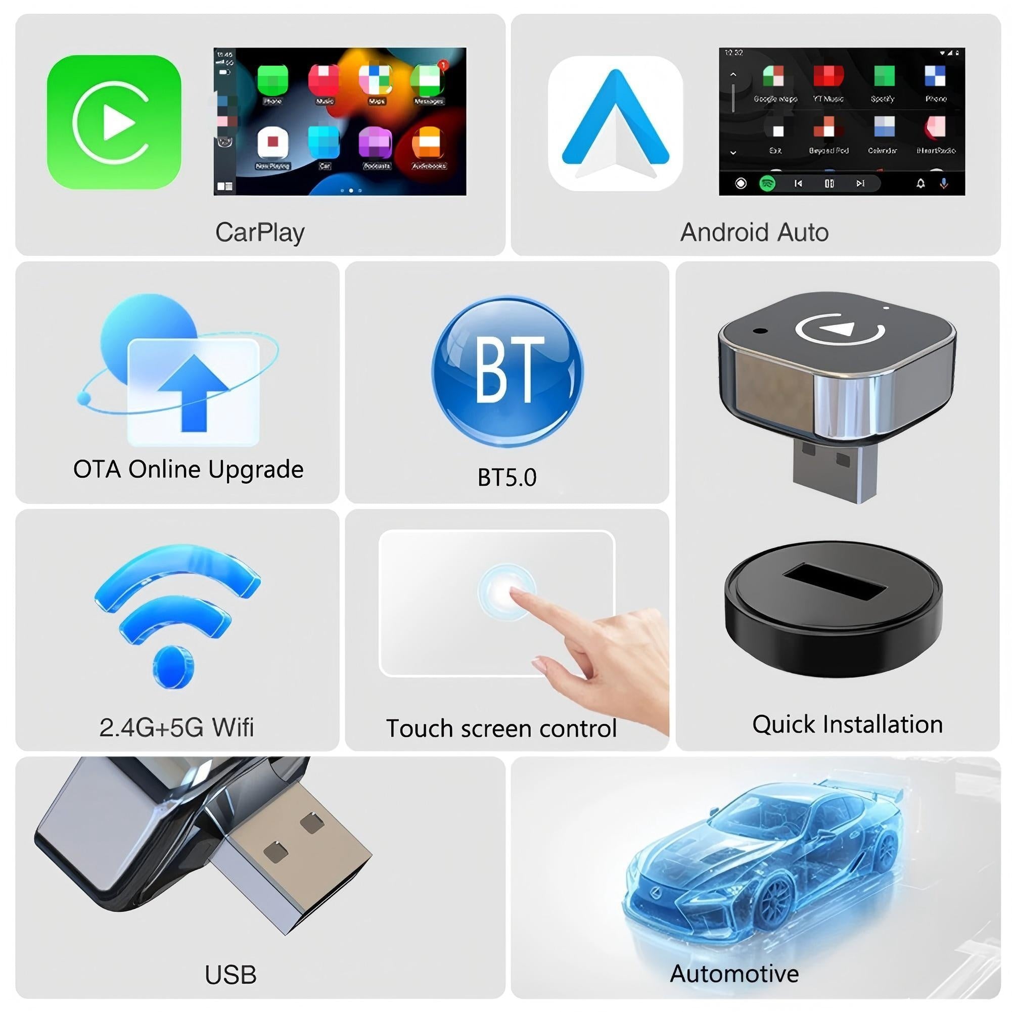 AutoCast | 2-in-1 draadloze CarPlay- en Android Auto-adapter – Plug & Play