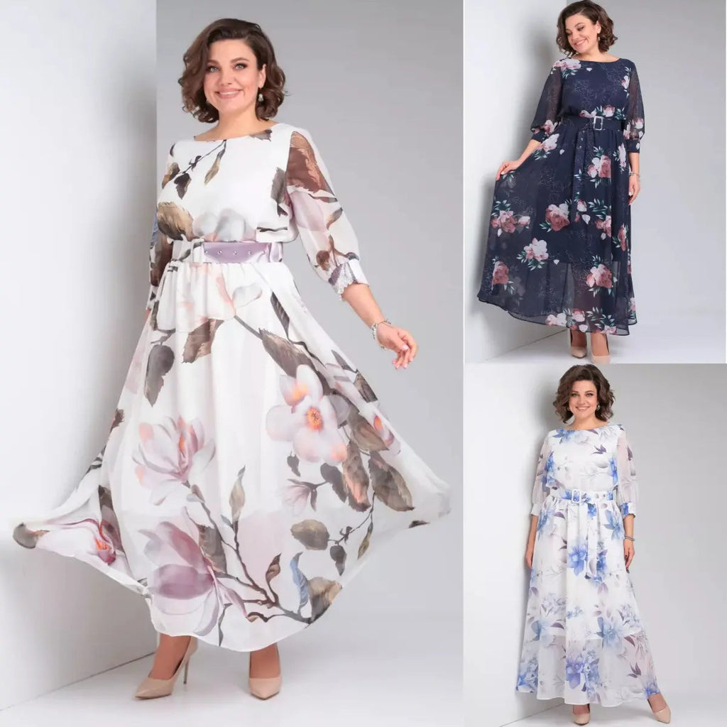 Zelyn | Bloemen maxi-jurk voor dames – elegante A-lijn lange jurk met ceintuur