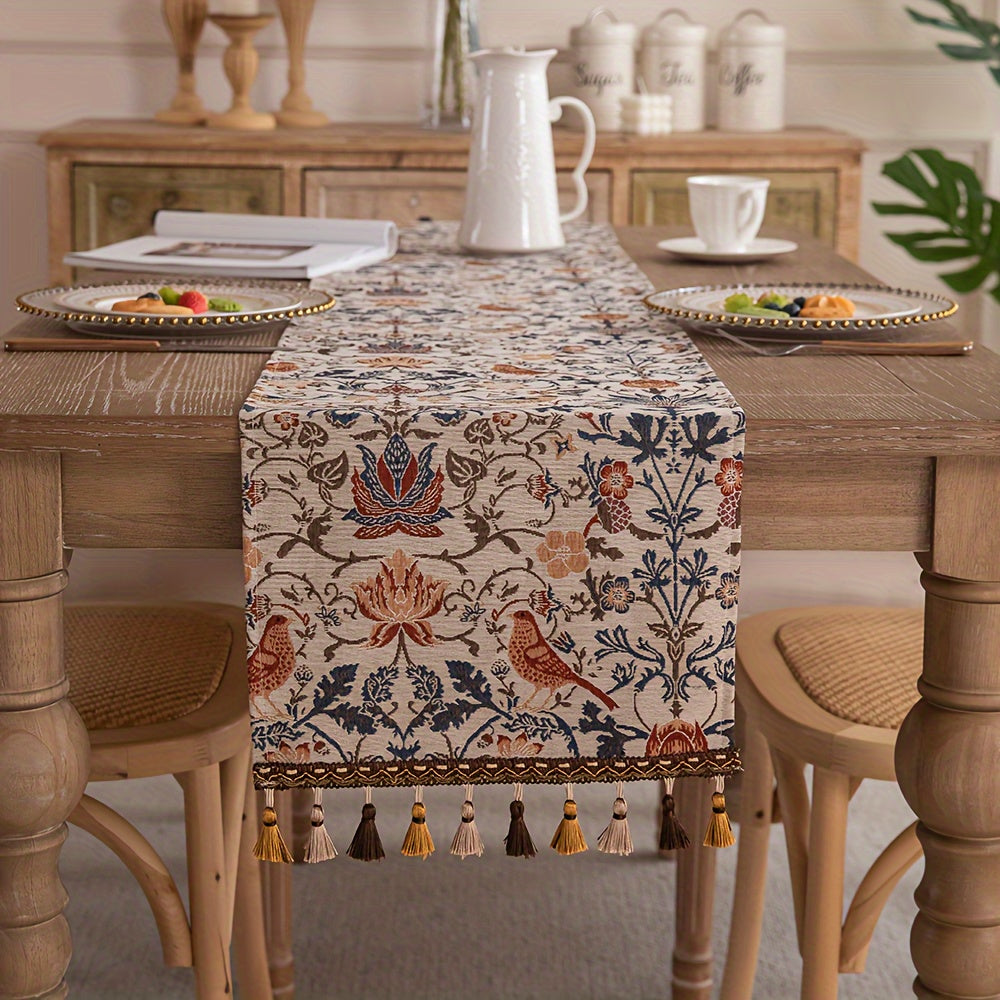 FloralVista | Vintage tafelloper met kwastjes - rustiek landelijk decoratief tafelkleed