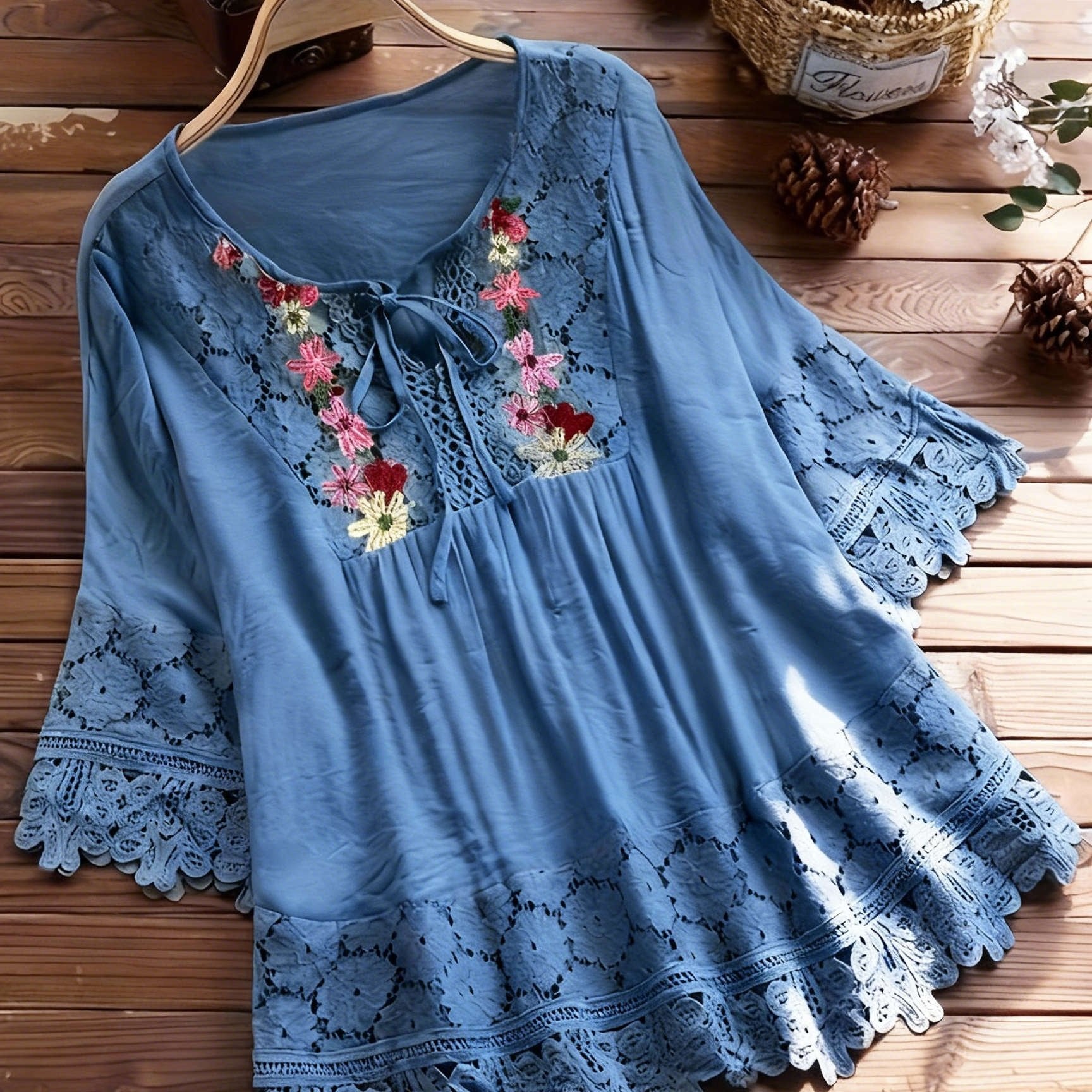 Vayla | Casual kanten damesblouse – Lente-zomerblouse met lange mouwen en patchwork