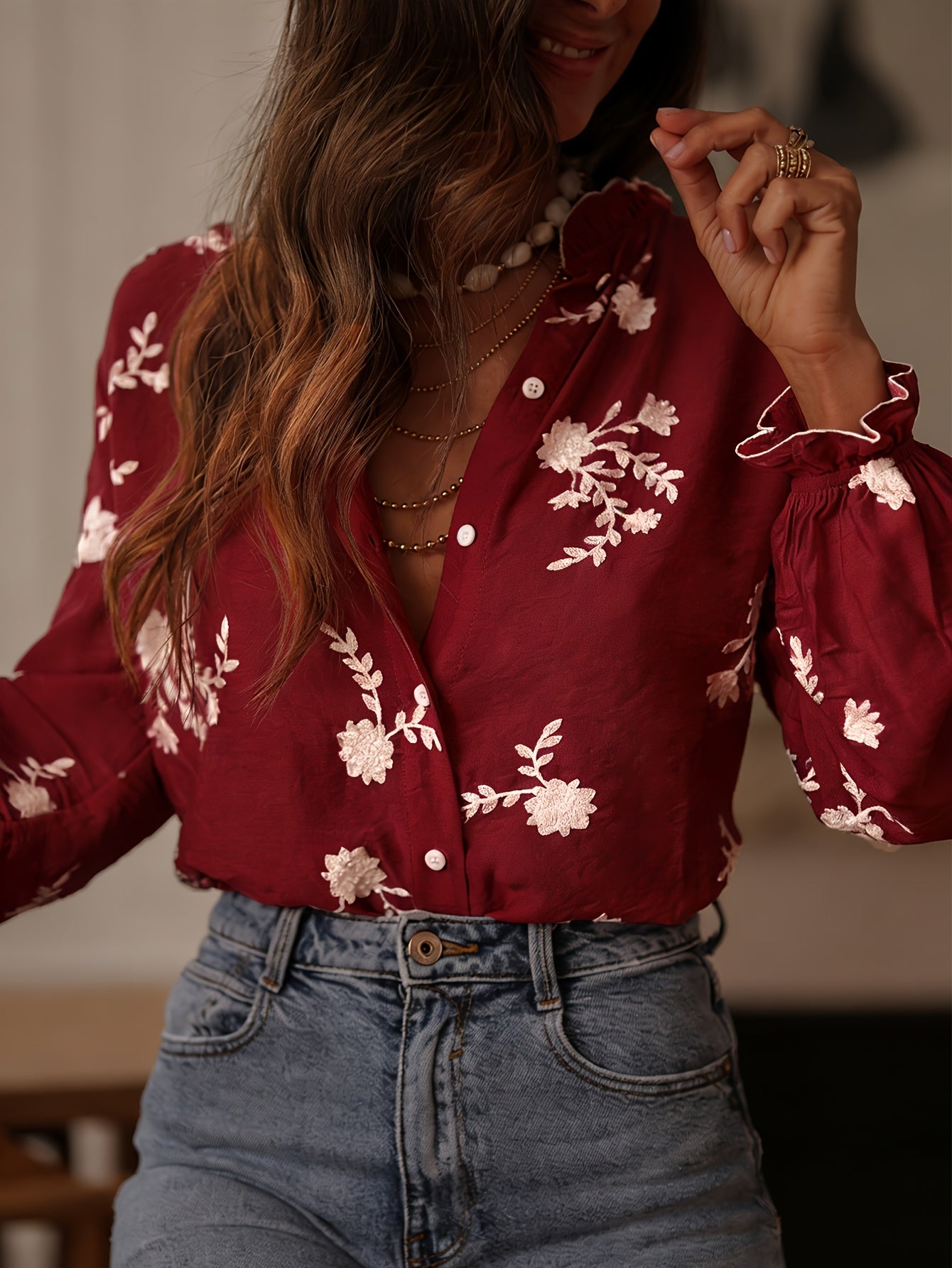 Omelia | Dames casual blouse met lange mouwen, bloemenborduursel, knopen aan de voorkant